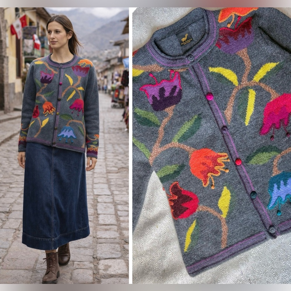 🦙🧶100% Peruvian Alpaca Floral Embroidered Button-Up Sweater Cardigan